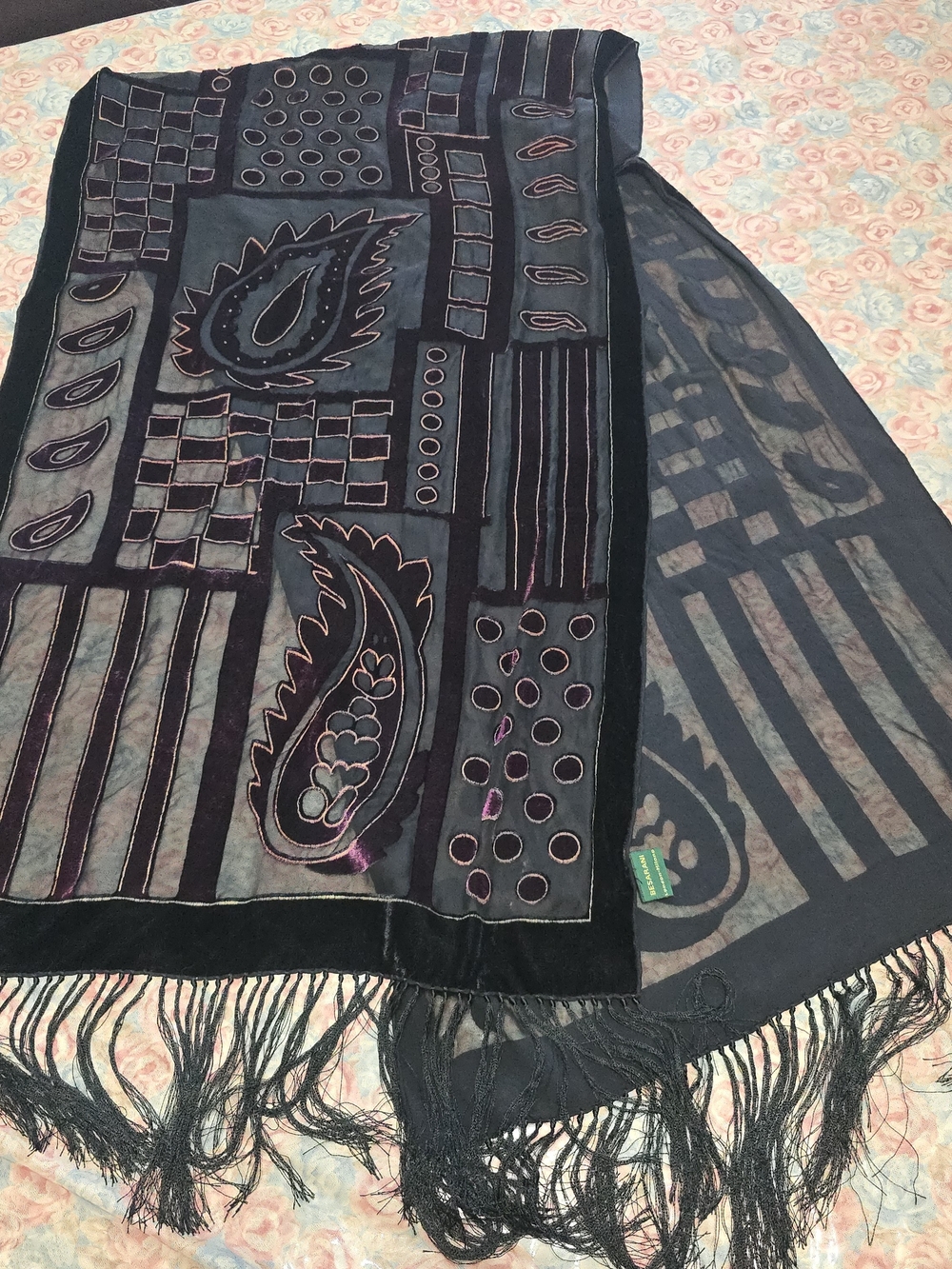 Paisley Pattern Lightweight Fringe Scarf - Black & Purple